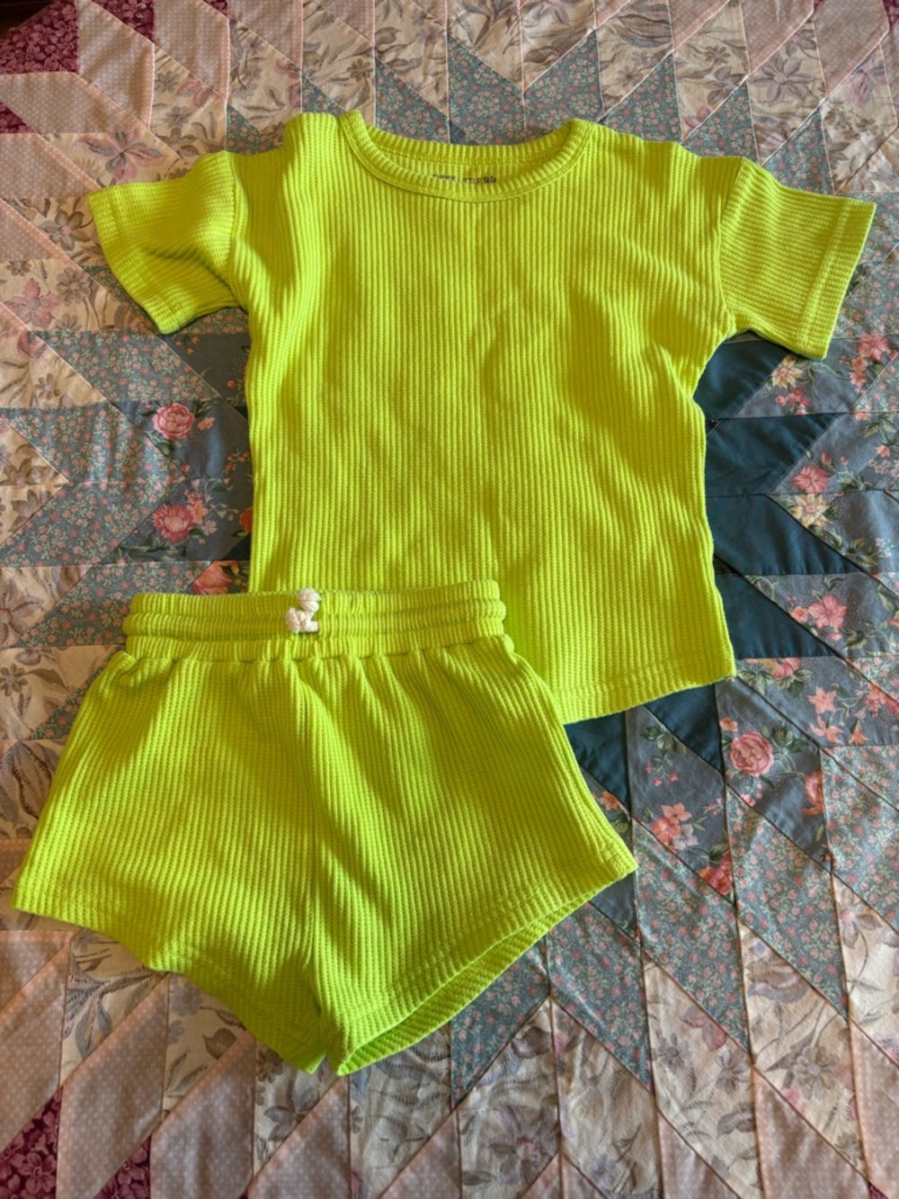 Three Little Tots Neon Lime Waffle Two-Piece Set - Top & Shorts
